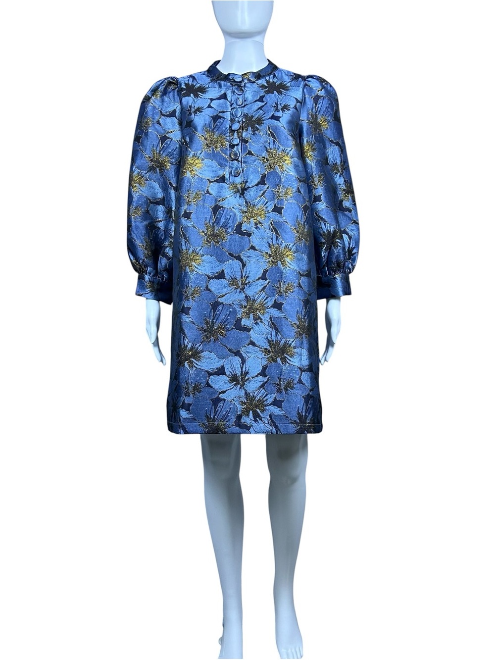 Pomander Place Tuckernuck Samantha Dress M Blue Gold Floral Jacquard Textured - Picture 2 of 16